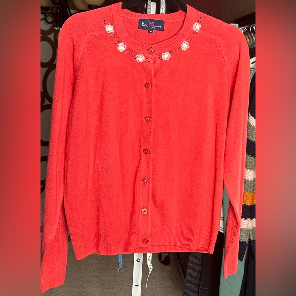Ralph Lauren Cashmere Cardigan Coral Floral Embroidered Preppy Cottagecore M